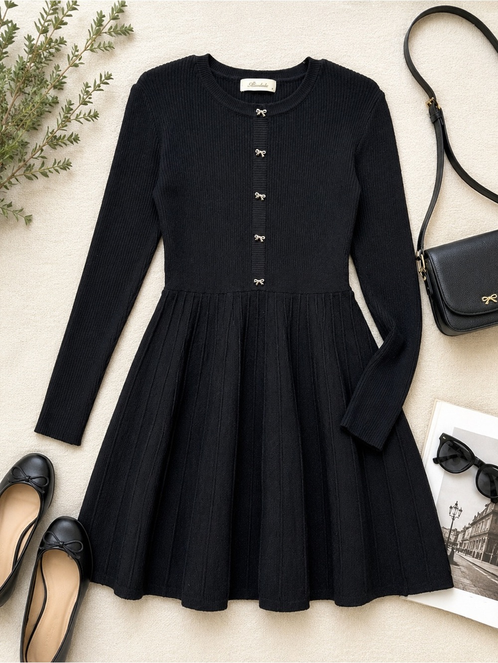 Alicedudu Black Ribbed Knit Fit & Flare Sweater Dress Gold Bow Buttons Size M